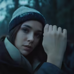 a close up of a person with a coat and a hat