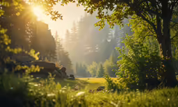 a field with trees in the background and sun shining down