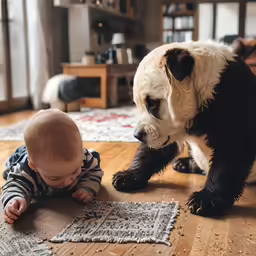 there is a baby and a black bear next to each other