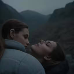 a woman kissing another woman while she looks up