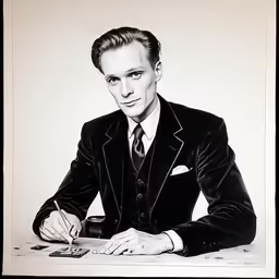 man with pens and a suit on seated at a desk