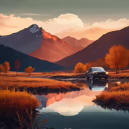 a car sits at the edge of a small lake in a field,a car driving down a road near a river in the mountains