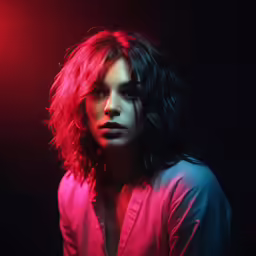 a woman with red lights posing for a photo