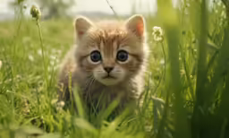 a kitten hiding in the grass looking directly at the camera