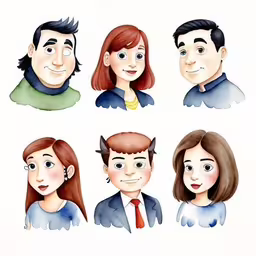 six people are shown in different expressions, wearing ties,a group of people dressed up as devil heads