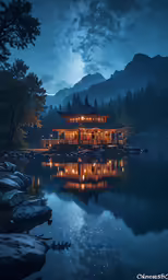 a home sits on the shore of a body of water at night