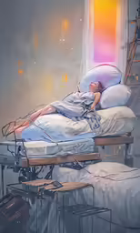 a person laying in a hospital bed under an umbrella