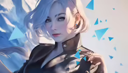 an animated woman with white hair and blue eyes