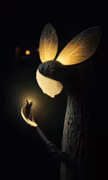 a night fly with the glowing wings of a human figure holding a lantern in its hand