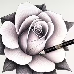 pencil drawing of a rose with a single stem on the center,a white rose with a black outline