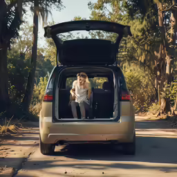 a man sitting in the back of a beige van