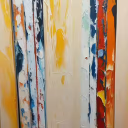 abstract painting showing colorful stripes and patterns on an unfinished wall,some colorful painting on white and yellow paint