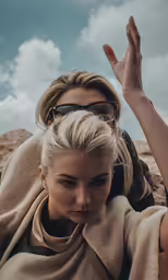 two women standing near each other while one girl is wearing sunglasses