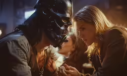 a man with a helmet talking to a woman