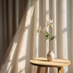 a vase with a flower on it next to a small table
