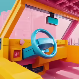a toy car with blue steering wheel and a blue and pink dash board