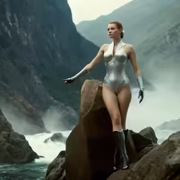 a sexy woman standing on top of rocks