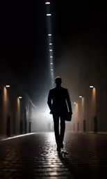 a man walking alone in a dark tunnel