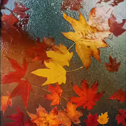 a couple of leaves on the ground and a water fall is seen