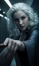 a woman with blonde hair pointing to something