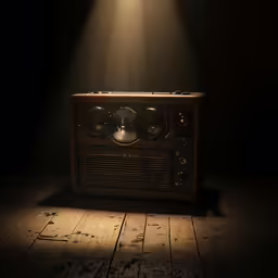 an old radio sitting on top of a wooden floor