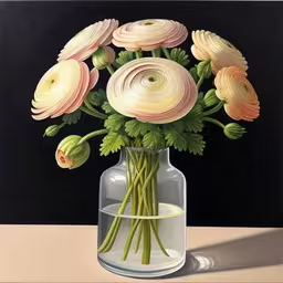 flowers in a clear vase painted on a black background,a large vase with several pink and white flowers,a painting of pink flowers in a glass vase,a glass vase with some flowers in it,painting of a bouquet of roses in a clear vase