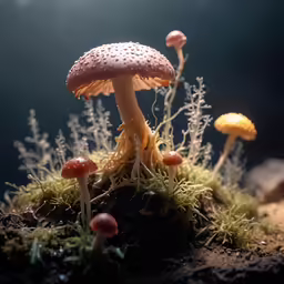 several mushrooms growing out of the ground with dirt and plants