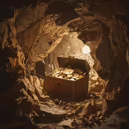 a gold suitcase sitting in the rocks near a street light