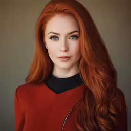 a woman with red hair and blue eyes wearing a red jacket