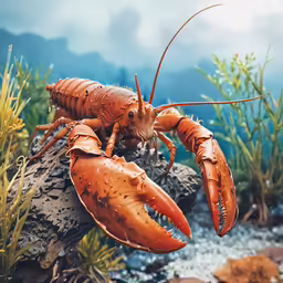 a lobster is standing on a rock in the middle of some grass