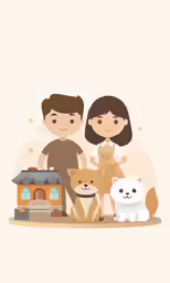 illustration of couple and their pets in front of a small pagoda
