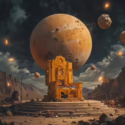 the surreal image shows an astronomical image and space objects