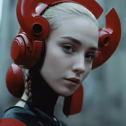 a model is wearing headphones with red faces