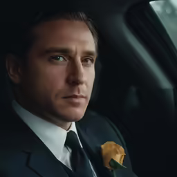 the man wearing the suit is sitting in the back seat