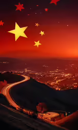 a red sky with white stars over the hills