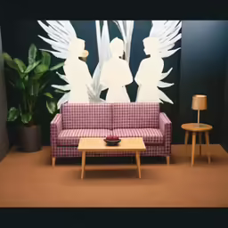a couch with two angels cut outs behind it