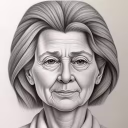 a portrait of a woman in a black and white photo,a portrait drawn in graph with grey tones,an pencil drawing of a woman wearing grey hair,an illustration of a woman