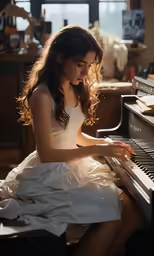 a girl is sitting at a piano in her dress
