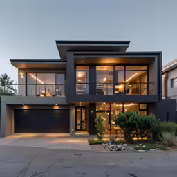 a modern two story house with two car garages