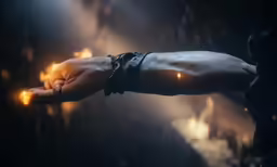 hand with light shining through fingers in rain