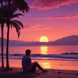 a man sitting on a beach watching the sun go down,a young man sitting on top of a beach under a sunset
