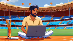 a man in an orange shirt sitting on a basketball court while using his laptop,a man sitting on a tennis court with a laptop