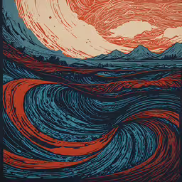 a blue, orange and red sky with an ocean wave,a painting with waves going through it