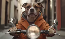 dog wearing an orange jacket with its tongue out while on the motorcycle