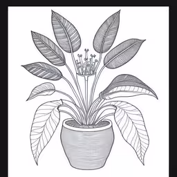 the drawing is drawn in black and white, with some plants in it,a black and white print of an orchid in a pot