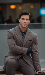 a man sitting on a wooden bench wearing a gray suit