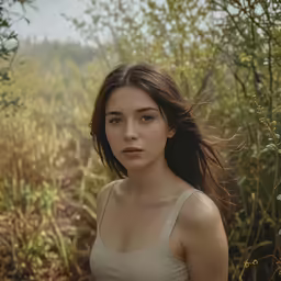 an asian woman with long dark brown hair stands in tall grass