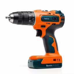 a cordless drill sits on a white surface