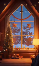 a tree inside of a house lit up with lights and other holiday decorations