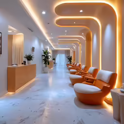 the corridor in the building is lined with white and orange seating